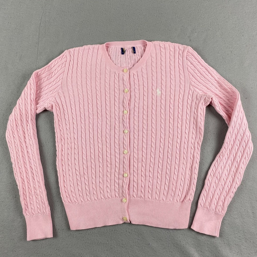 Polo Ralph Lauren Cardigan Sweater Mini Cable Knit Pink Size Petite Small PS